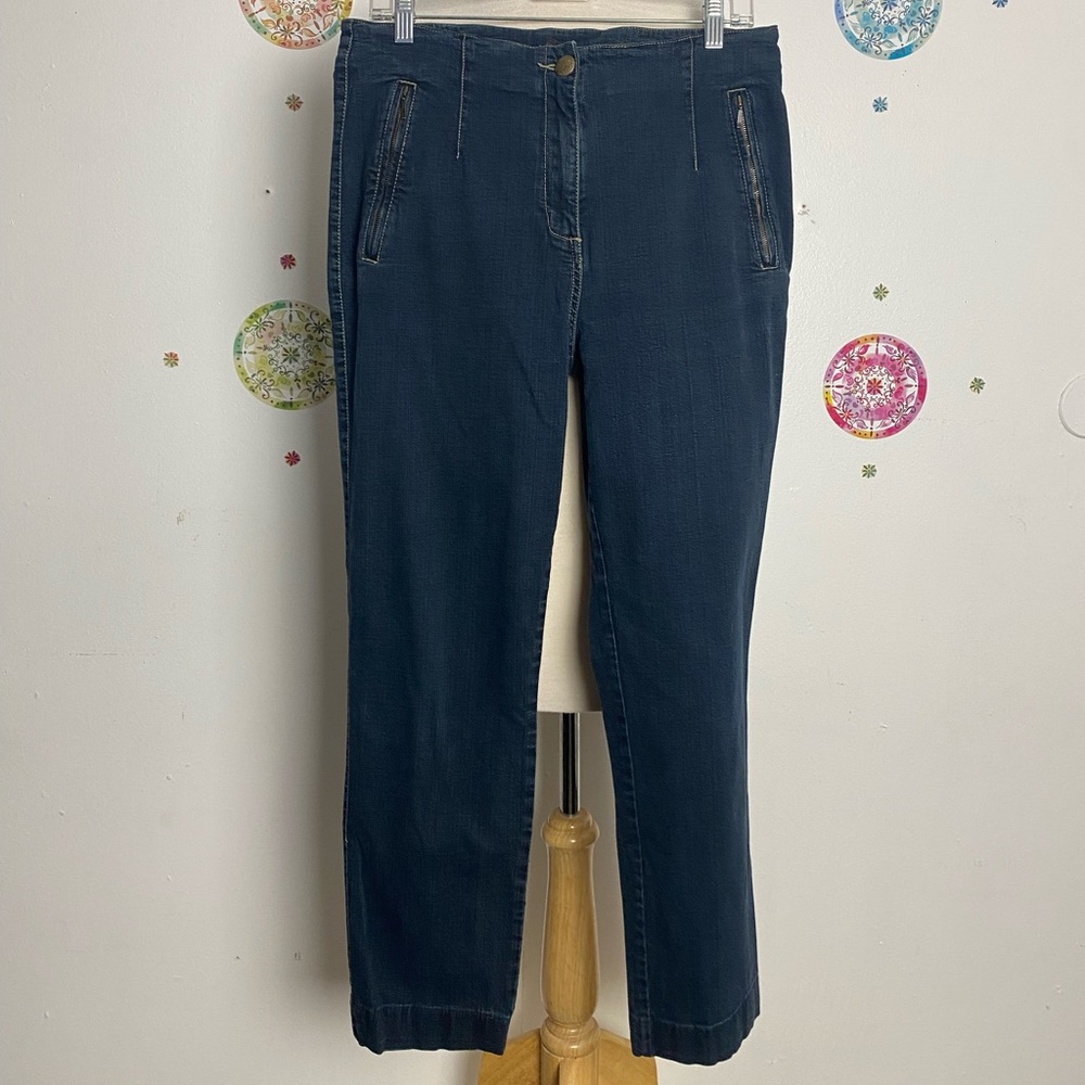 Blue Willis dark wash no waist jeans zipper pockets stretch size medium 8-10